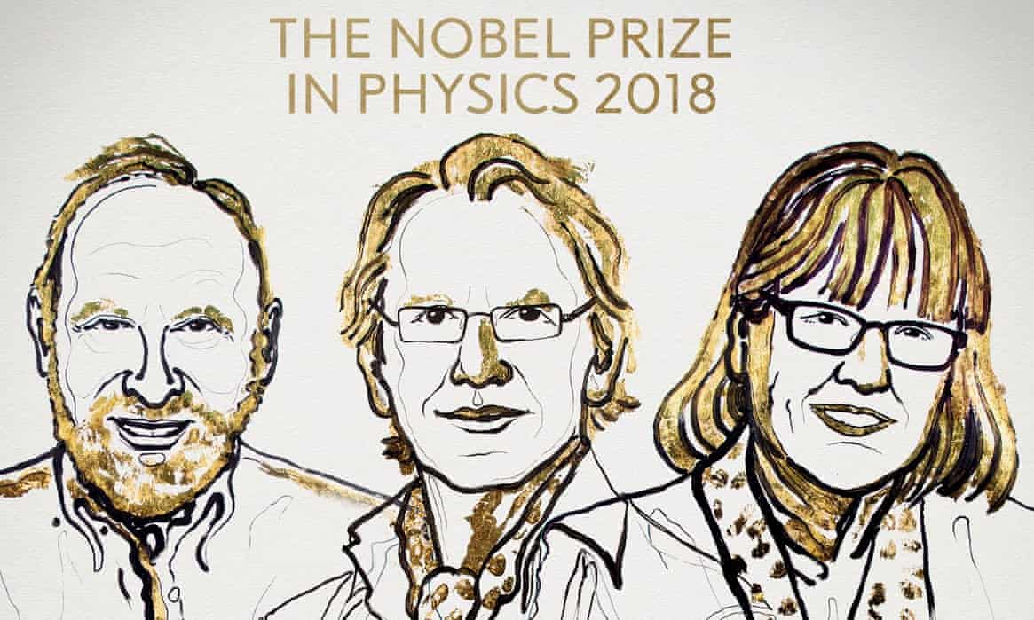 Ba nhà khoa học đạt giải Nobel Vật lý 2018: Arthur Ashkin, Gérard Morou và Donna Strickland.