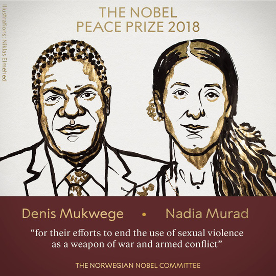 Giải thưởng Nobel Hòa bình 2018 thuộc về ông Denis Mukwege và cô Nadia Murad. Ảnh: Twitter