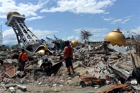 Cảnh đổ nát sau vụ động đất và sóng thần tại Balaroa, Palu, Trung Sulawesi của Indonesia. (Ảnh: THX).
