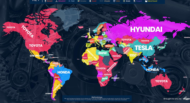 Bản đồ tìm kiếm xe trên toàn cầu (thống kê của Veygo).