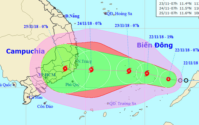 Hướng di chuyển và vùng ảnh hưởng của áp thấp nhiệt đới sẽ mạnh lên thành bão trên Biển Đông. Ảnh: NCHMF.