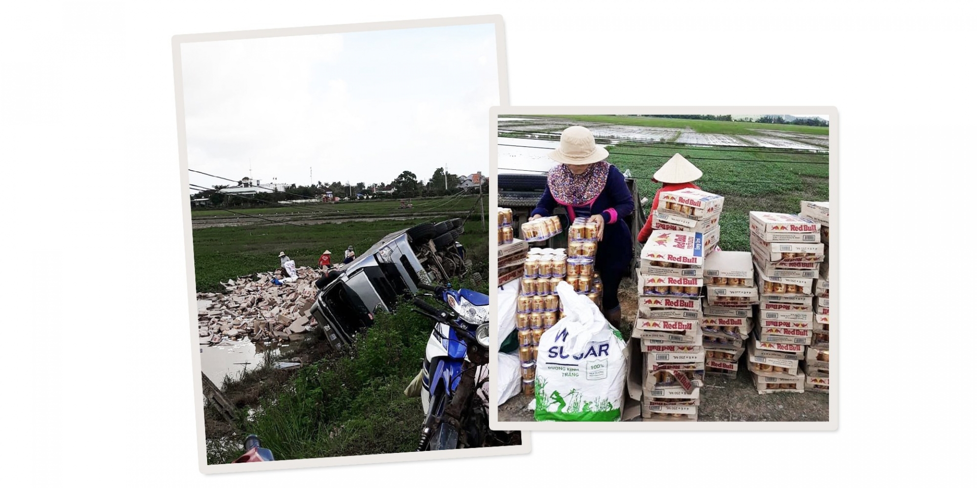 Người dân giúp gom hàng hóa từ xe tải bị lật tại quốc lộ 29 qua xã Hòa Phong (Tây Hòa, Phú Yên) sáng 4-12 - Ảnh: FB THANH THUY LE