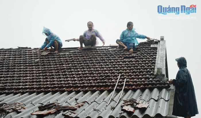Những người dân ở xã Đức Lân (Mộ Đức) giúp hàng xóm láng giềng sửa lại nhà trong cơn bão số 5. 
