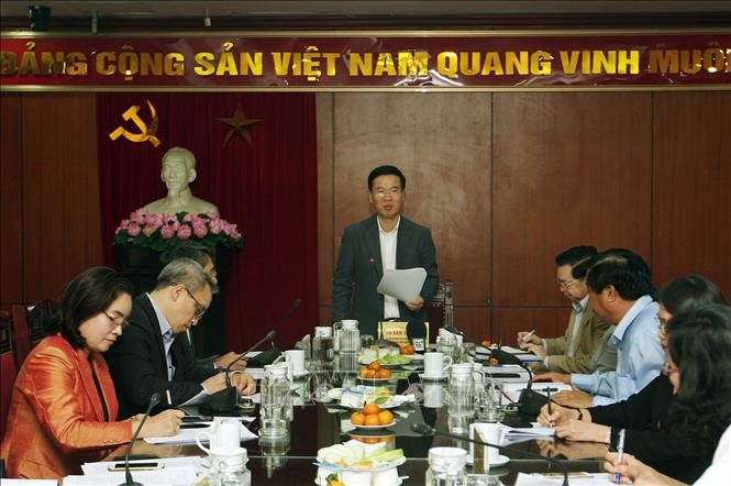 Đồng chí Võ Văn Thưởng phát biểu kết luận buổi làm việc. Ảnh: Nguyễn Dân/TTXVN