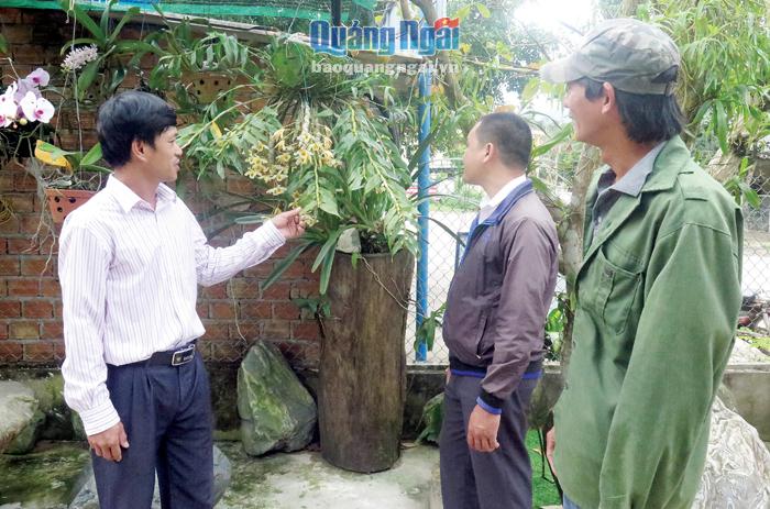 Bí thư Đảng ủy xã Long Hiệp Nguyễn Văn Ngàn (bên trái) là một trong 3 thạc sĩ cấp cơ sở ở huyện Minh Long đi thăm hỏi gia đình làm kinh tế giỏi từ trồng hoa lan. 