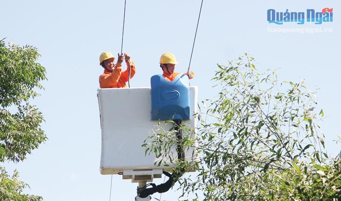 Nhân viên Điện lực Sơn Hà tiến hành bọc đường dây dẫn điện để đảm bảo cấp điện an toàn, hiệu quả. 