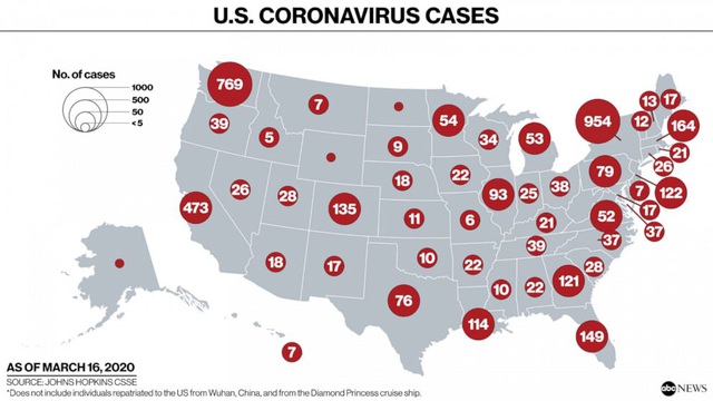 Bản đồ các số lượng ca nhiễm tại các bang của Mỹ tính tới ngày 16/3 (Đồ họa: ABC News)