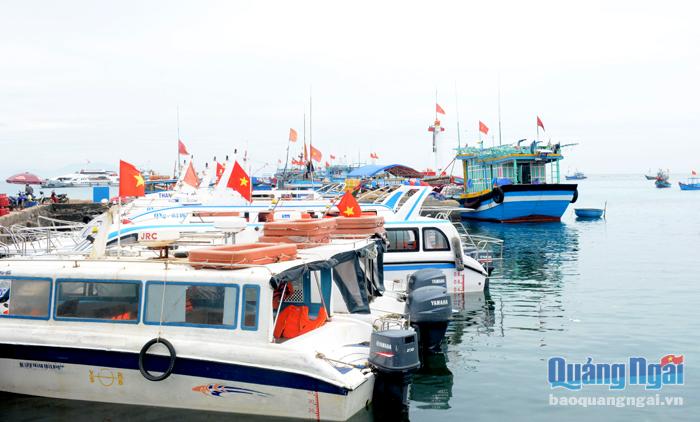 Từ ngày 9.3 đến nay, huyện Lý Sơn đã dừng các hoạt động đưa đón khách du lịch. Trong ảnh: Tàu chở khách qua đảo Bé dừng hoạt động.