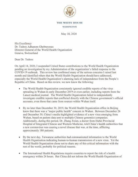 Trang đầu tiên trong bức thư dài 4 trang đề ngày 18-5-2020 của Tổng thống Mỹ Donald Trump gửi tổng giám đốc WHO - Ảnh: FACEBOOK DONALD TRUMP