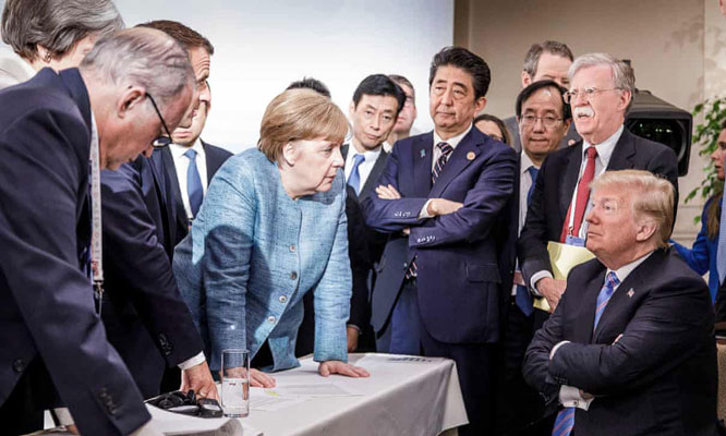 Tổng thống Donald Trump cùng nguyên thủ các quốc gia tại Hội nghị Thượng đỉnh G7 ở Canada hồi tháng 6-2019. Ảnh: Getty Images