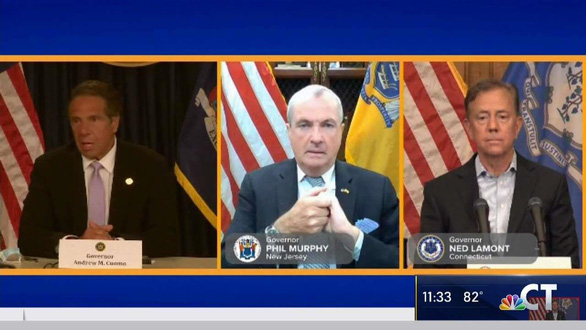 Từ trái qua: thống đốc Andrew Cuomo của bang New York, thống đốc Phil Murphy của bang New Jersey và thống đốc Ned Lamont của bang Connecticut - Ảnh: NBC Connecticut