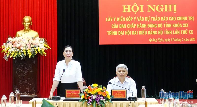 Ủy viên Dự khuyết  Trung ương Đảng, Phó Bí thư Thường trực Tỉnh ủy, Chủ tịch HĐND tỉnh Bùi Thị Quỳnh Vân phát biểu tại hội nghị