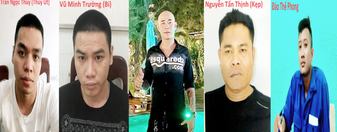 Đối tượng Huỳnh Minh Sang (giữa) cùng 4 đối tượng trong băng xã hội đen đang bị bắt giữ (Ảnh do Công an TP Tuy Hòa cung cấp)