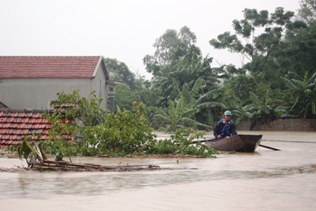 Mưa lớn và hồ xả tràn khiến nhiều nhà dân huyện Quỳnh Lưu (Nghệ An) ngập đến nóc. Ảnh: CTV