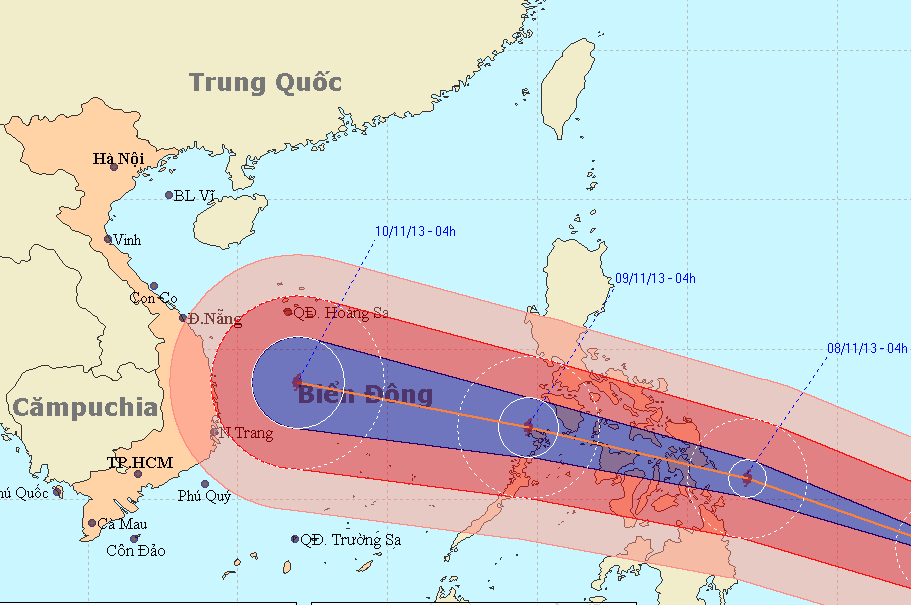 Dự báo hướng đi và vị trí cơn bão Haiyan