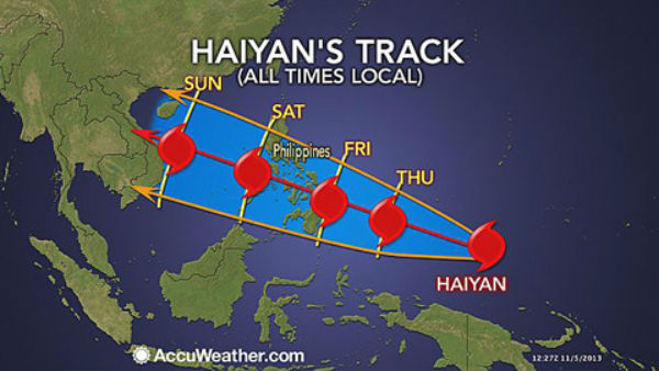 Dự kiến đường đi của bão Haiyan. (Ảnh: Accuweather)