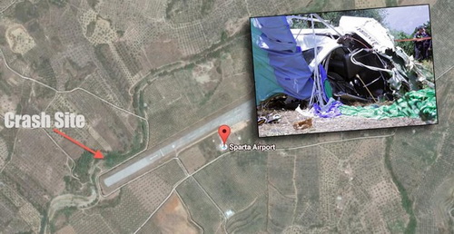 Xác máy bay và bản đồ cho thấy hiện trường vụ rơi gần sân bay Sparta (Hy Lạp) - Ảnh: GreekReporter