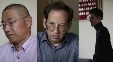 Từ trái qua phải Kenneth Bae, Jeffrey Fowle và Matthew Miller đang bị bắt tại Triều Tiên