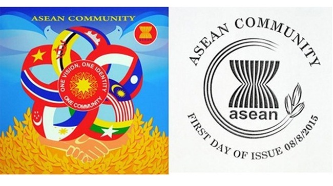 Mẫu tem của họa sỹ Vũ Kim Liên và mẫu dấu kỷ niệm của họa sỹ Nguyễn Du đoạt giải Nhất Cuộc thi tem ASEAN. (Nguồn: VietnamPost)