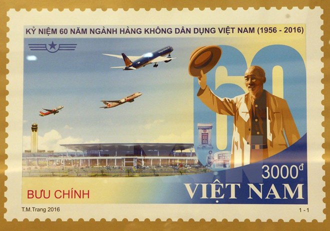 Mẫu tem đặc biệt kỷ niệm 60 năm ngành Hàng không dân dụng Việt Nam. (Ảnh: Tuấn Anh/TTXVN)