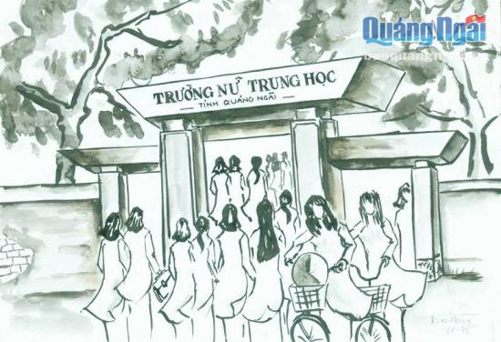 Tranh họa của họa sĩ Kim Hoàng về Trường Nữ Trung học Quảng Ngãi.