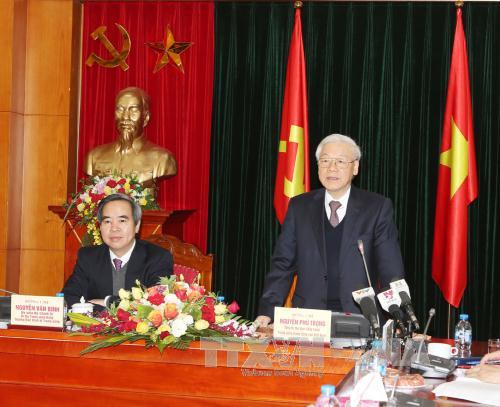 Tổng Bí thư Nguyễn Phú Trọng phát biểu tại buổi làm việc. Ảnh: TTXVN