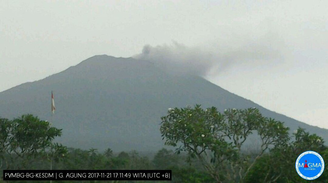 Núi lửa Agung bắt đầu phun trào từ chiều 21-11 - Ảnh: PVMBG/ THEJAKARTAPOST