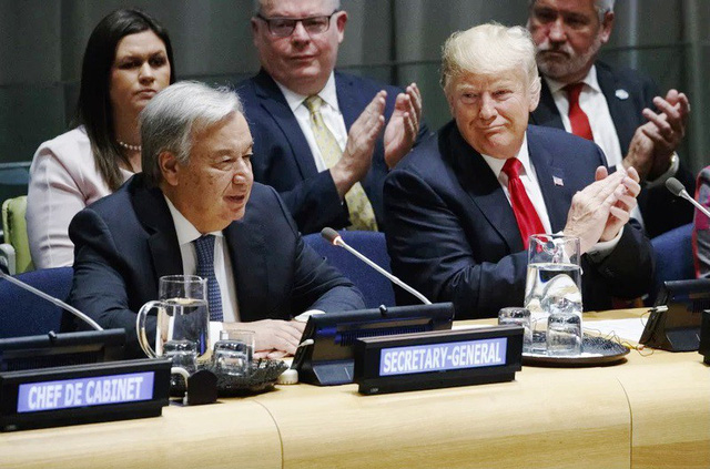 Tổng Thư ký LHQ Antonio Guterres (trái) và Tổng thống Mỹ Donald Trump (phải) tại sự kiện. Ảnh: AP.