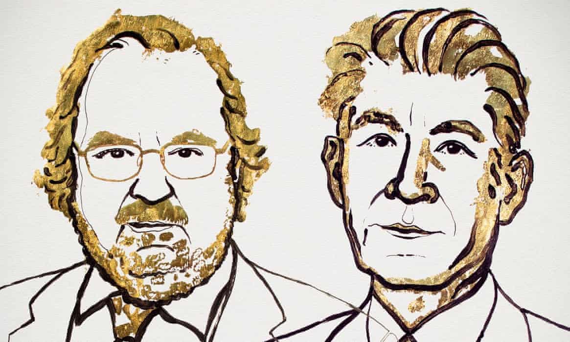 Tranh minh họa hai nhà khoa học giành giải Nobel Y học 2018 James P Allison và Tasuku Honjo. Ảnh: Nobel Assembly