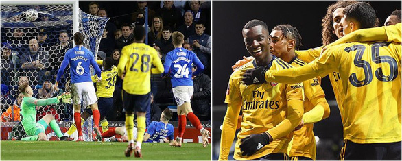 Arsenal với niềm vui giành quyền vào tứ kết sau chiến thắng 2-0 trước Portsmouth - Ảnh: Daily Mail