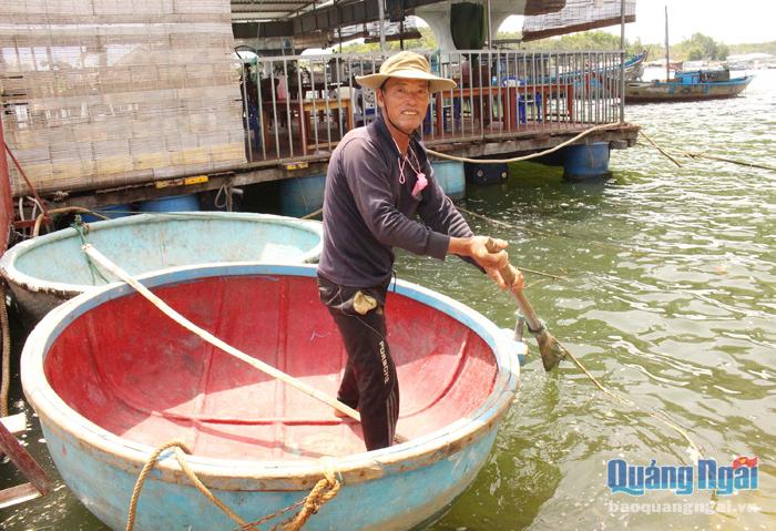 Hằng ngày, ông Nguyễn Tiến, xã Bình Thạnh (Bình Sơn) chèo thúng dẫn lối cho tàu thuyền ra vào cửa biển Sa Cần. Ảnh:  M.Duyên