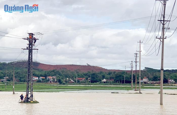 Điện lực Sơn Tịnh xử lý sự cố, khôi phục lưới điện sau bão số 6 tại xãTịnh Phong. 