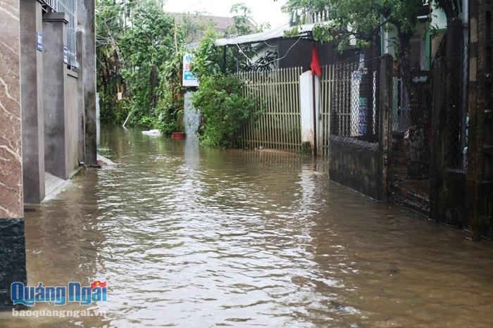 Một khu dân cư trong một con hẻm ở phường Nghĩa Lộ ngập sâu. 