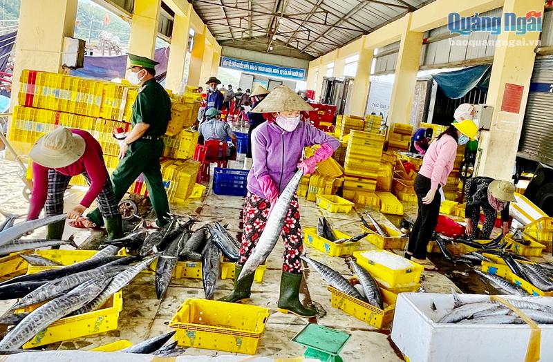 Người dân mua bán cá tại cảng Mỹ Á, phường Phổ Quang (TX.Đức Phổ), vào sáng 9/9 đều chấp hành nguyên tắc “5K”.