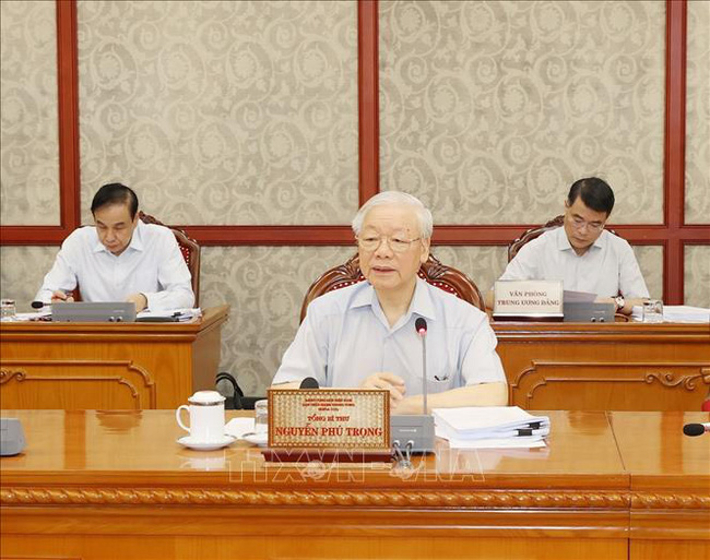 Tổng Bí thư Nguyễn Phú Trọng phát biểu kết luận cuộc họp. (Ảnh: TTXVN)