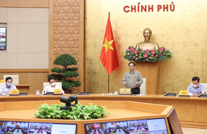 Thủ tướng Phạm Minh Chính chủ trì họp trực tuyến toàn quốc phòng, chống dịch COVID-19 sáng 9/10/2021. Ảnh: Dương Giang/TTXVN
