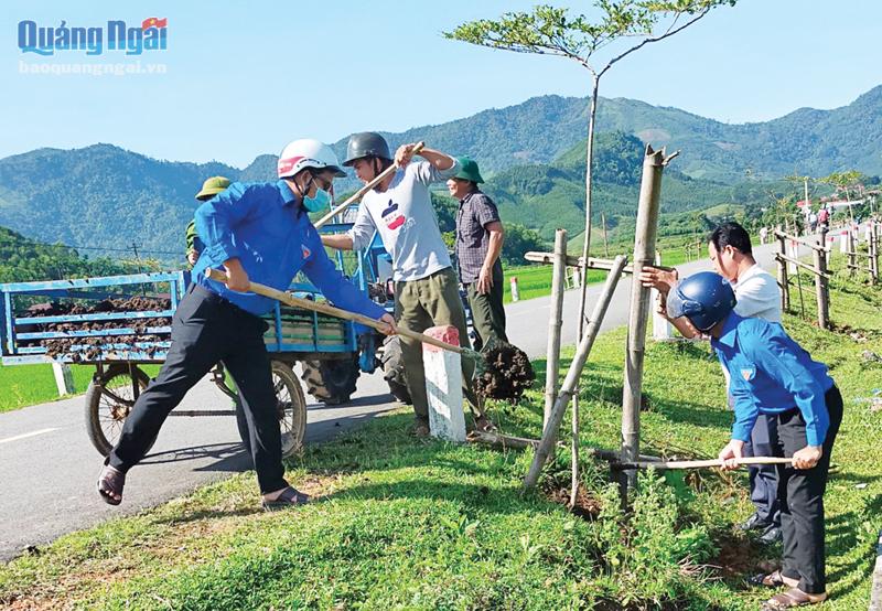 Đoàn viên, thanh niên huyện Minh Long tham gia trồng cây xanh trên các tuyến đường.