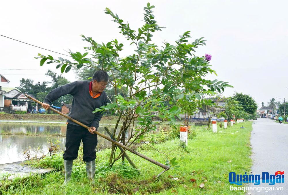 Người dân xã Tịnh Châu trồng và chăm sóc cây xanh dọc theo tuyến đường Trần Văn Trà, đoạn ngang qua địa bàn xã.
