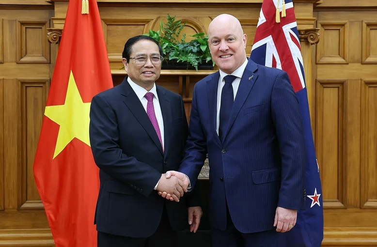 Thủ tướng Phạm Minh Chính với Thủ tướng New Zealand Christopher Luxon tại New Zealand tháng 3/2024. Ảnh: Dương Giang/TTXVN