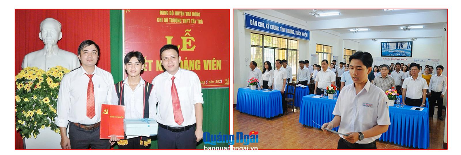 Em Hồ Su Ra, sinh viên năm 2, ngành Sư phạm Tin học, Khoa Công nghệ thông tin (Trường Đại học Phạm Văn Đồng) được kết nạp đảng ngày 18/5/2023 - đảng viên học sinh đầu tiên của huyện Trà Bồng (ảnh trái). Đảng viên Lê Quang Huy, học sinh Trường THPT số 1 Nghĩa Hành (Nghĩa Hành) đọc lời tuyên thệ (ảnh phải).