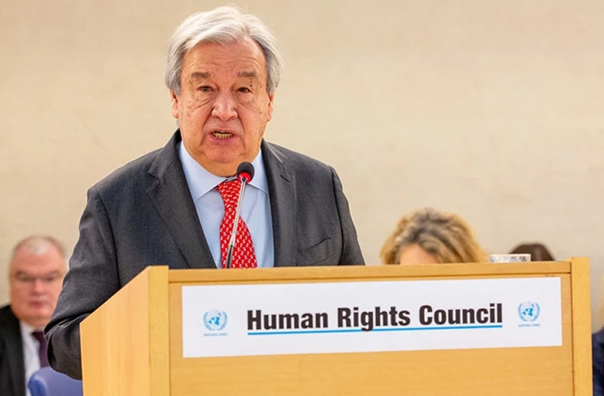 Tổng Thư ký António Guterres phát biểu tại Phiên họp thứ 55 của Hội đồng Nhân quyền Liên hợp quốc ở Geneva, Thụy Sĩ. Ảnh: un.org