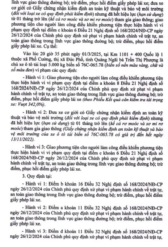 Nội dung Quyết định xử phạt đối với bà Trần Thị Phượng.