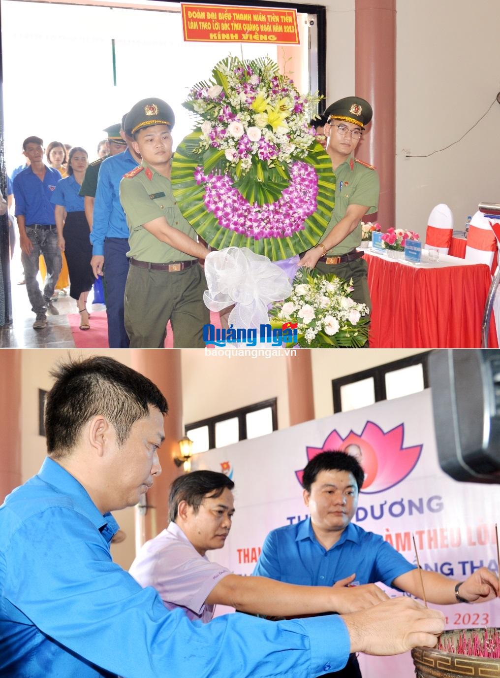 Các đại biểu dự lễ dâng hoa, dâng hương trước bàn thờ Anh hùng dân tộc Trương Định.