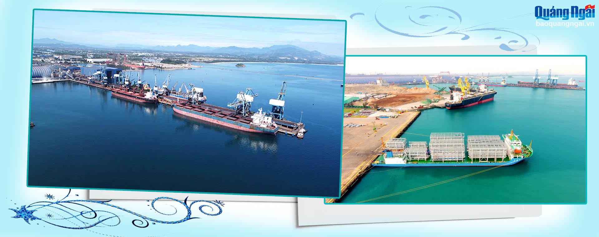Ngành công nghiệp của tỉnh đang có sự phát triển vượt bậc (bên trái: Cảng Hòa Phát Dung Quất; bên phải: Doosan Vina xuất khẩu sản phẩm ra nước ngoài). Ảnh: PV
