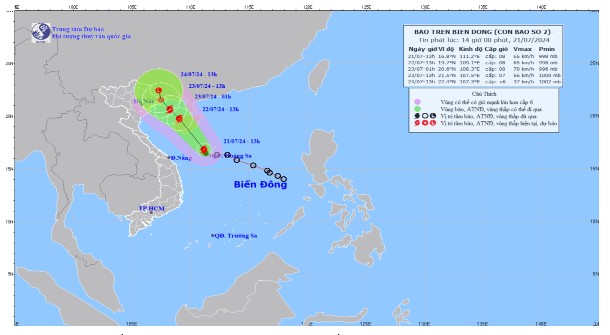 Bản đồ dự báo quỹ đạo và cường độ của bão số 2, phát lúc 14h00, ngày 21/7/2024