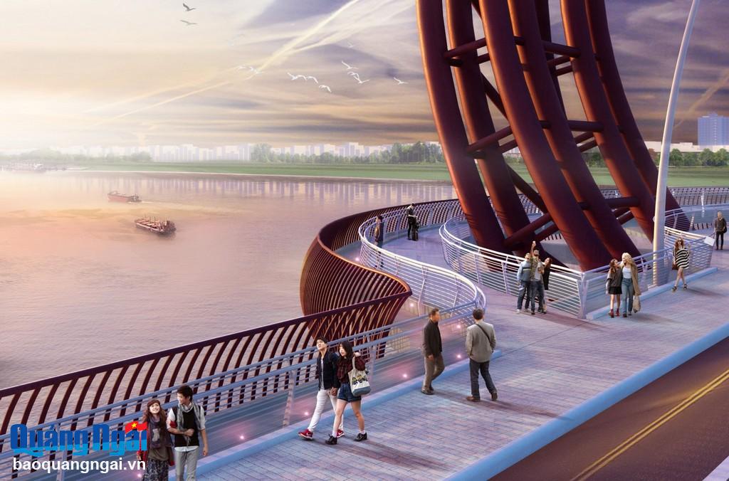 Phối cảnh hoàng hôn - đường dạo ngắm cảnh trên cầu Trà Khúc 1 (phương án kiến trúc đạt giải Nhất).