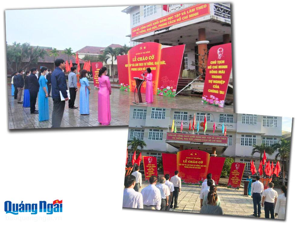 Huyện ủy Trà Bồng tổ chức lễ chào cờ đầu tuần của tháng với mục đích lan tỏa việc học tập và làm theo tư tưởng, đạo đức, phong cách Hồ Chí Minh trong cán bộ, công chức.