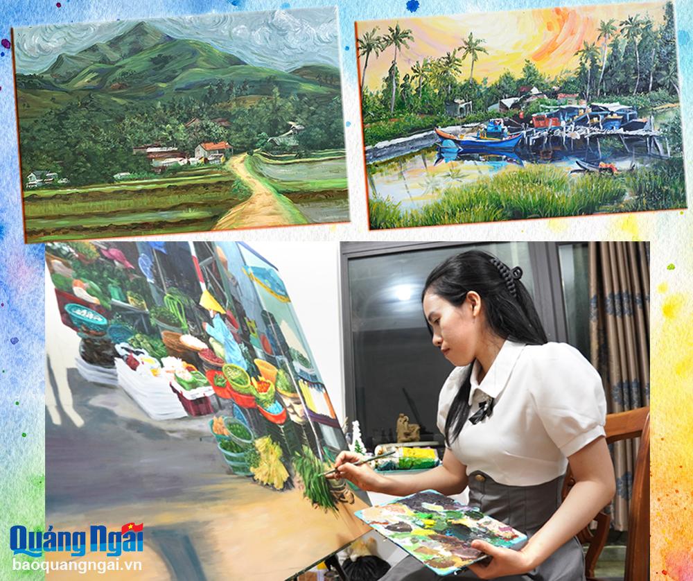 Tác phẩm Đường vào làng của người đồng bào Hrê ở Ba Tơ và Bình yên trên cảng cá của họa sĩ trẻ Phan Thị Xuân Vy. 