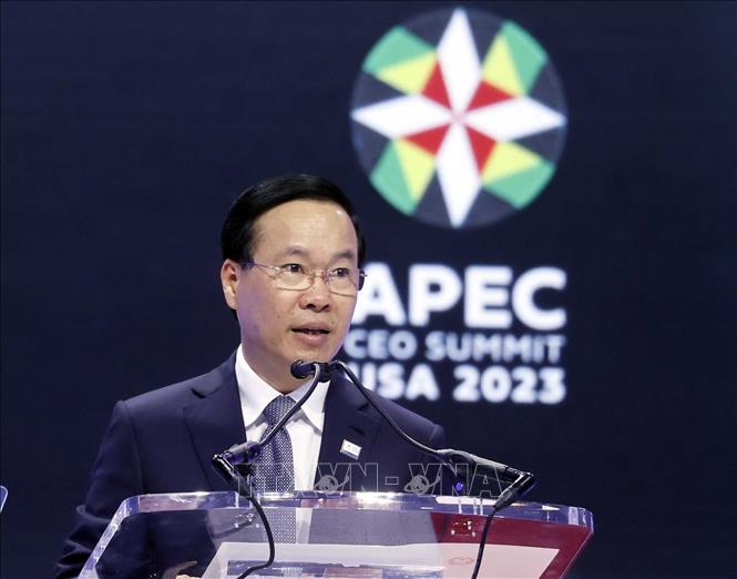 Chủ tịch nước Võ Văn Thưởng phát biểu tại Hội nghị Thượng đỉnh Doanh nghiệp APEC - Ảnh: TTXVN