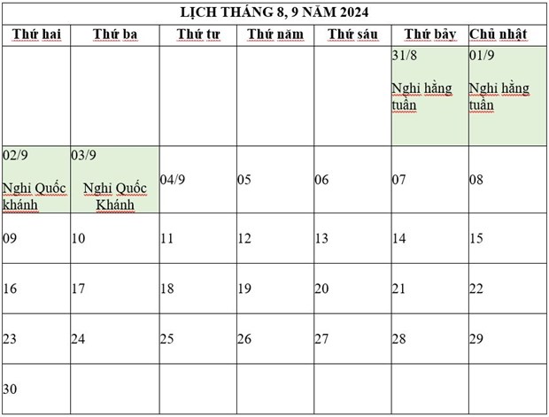 Nghỉ lễ Quốc khánh từ ngày 31/8/2024 đến hết ngày 3/9/2024